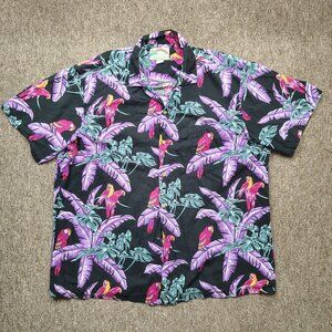 Vintage PARADISE FOUND Hawaiian Shirt Men's 2XL Black Parrot Print Rayon DEFECT